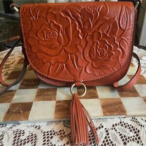Patricia Nash Brinlee  Saddle Crossbody Rose Tooled Tassel Leather Handbag